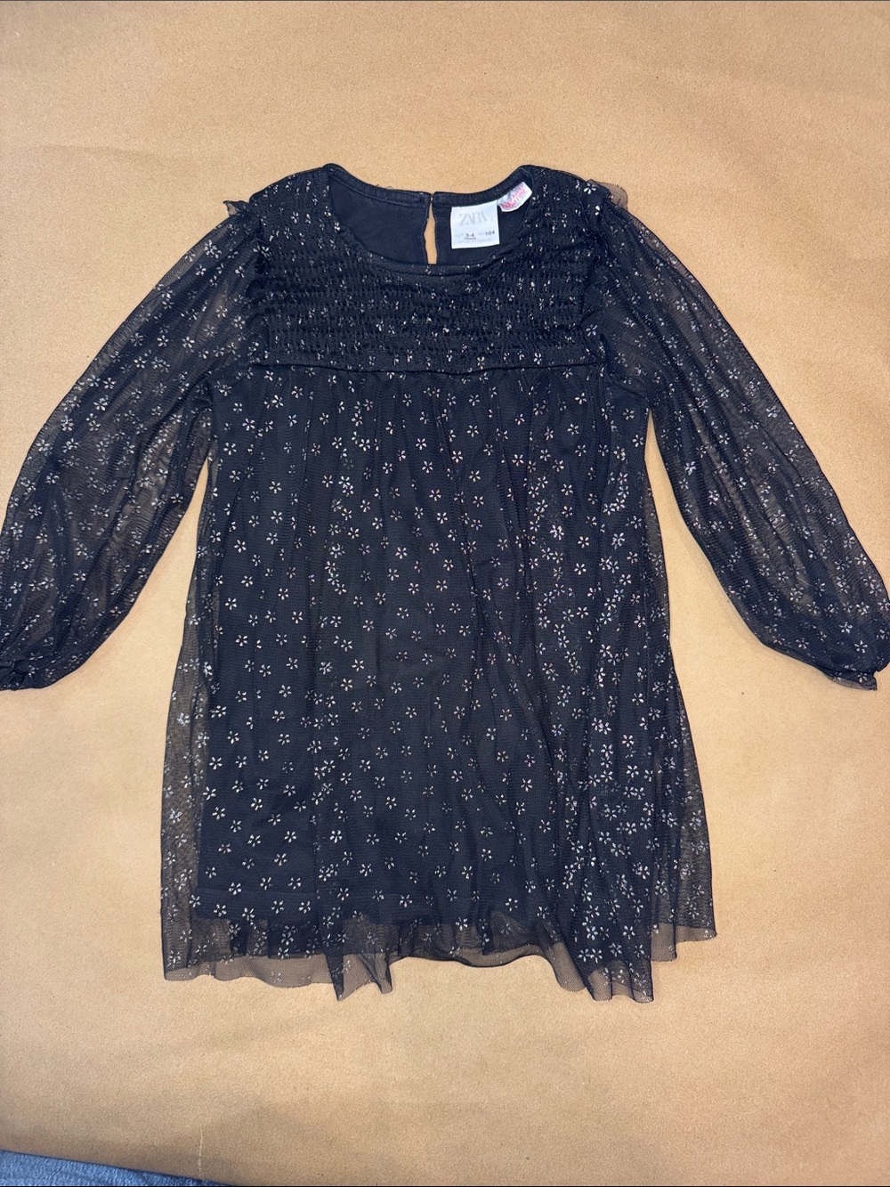 Zara black & silver Sheer Floral Smocked Tunic Dress